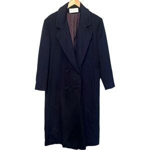 Michelle Stuart Long Trench Coat 100% Wool Double Breasted Navy Blue